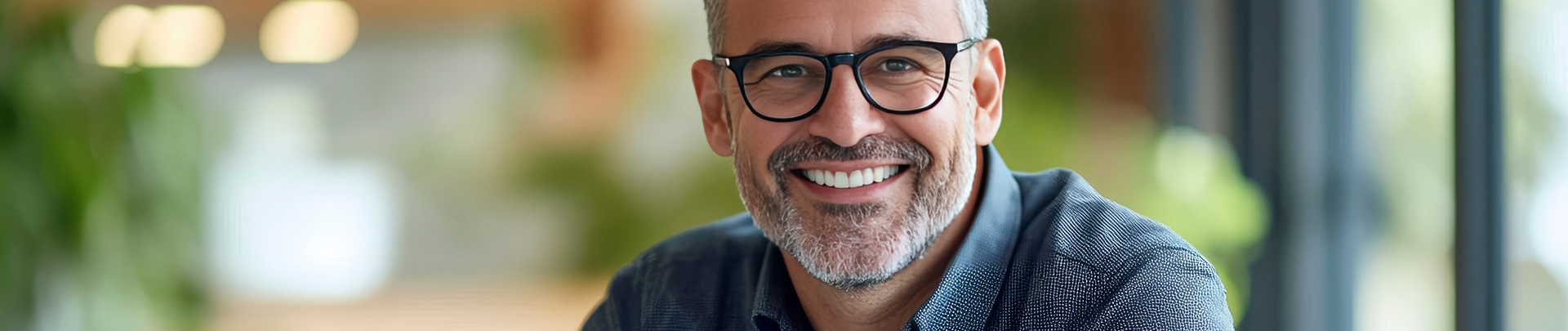 Een glimlachende, volwassen ondernemer met bril en overhemd